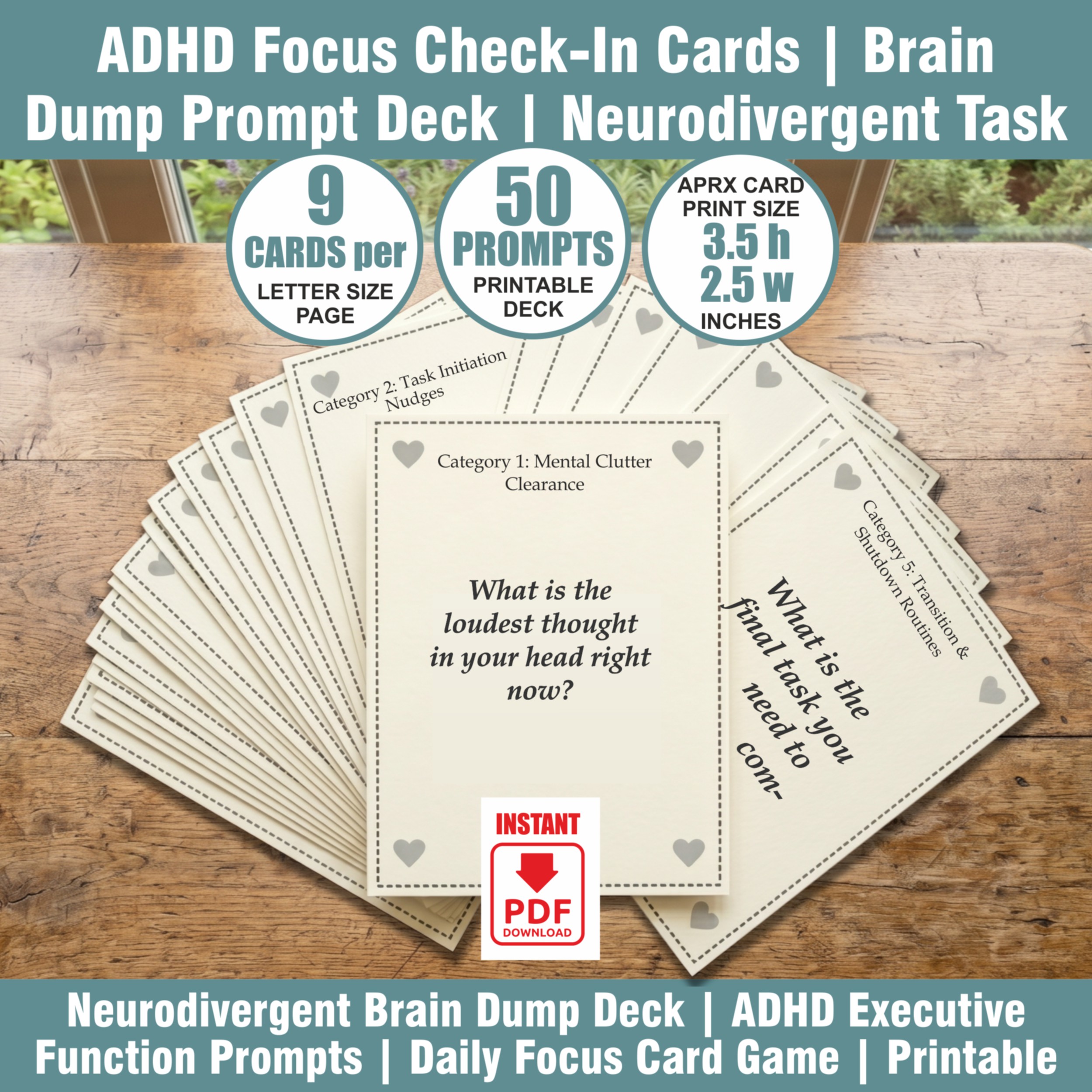 ADHD Focus Check-In Cards | Brain Dump Prompt Deck | Neurodivergent Task Management Game | Adult ADHD Support Tool